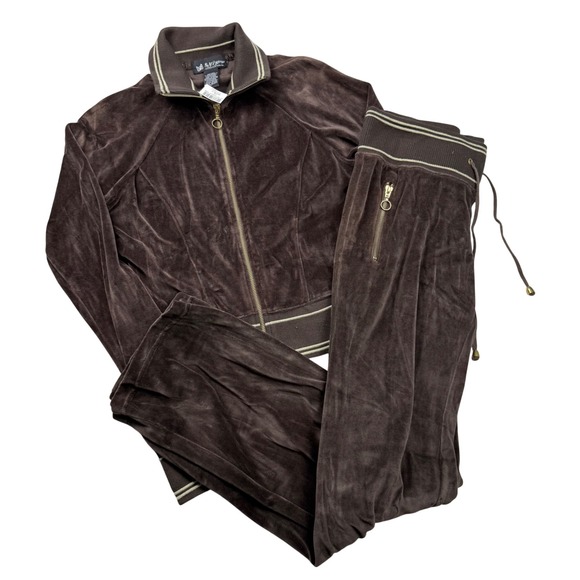 Self Esteem Pants - VTG Y2K Self Esteem Brown Velour Tracksuit Set Zip Jacket Flare Pants Medium